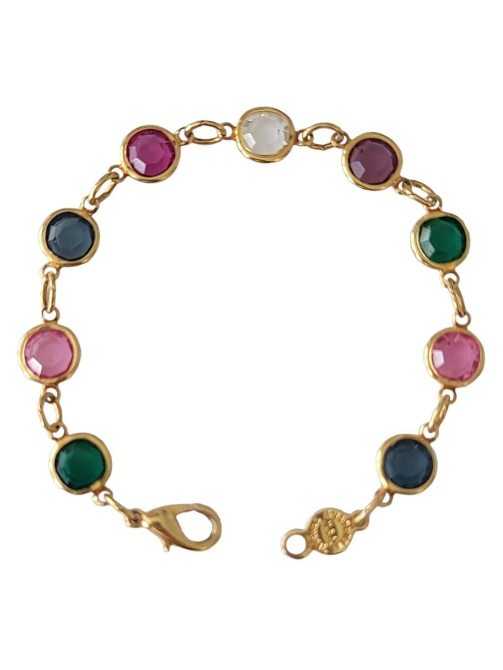 Austria Pink Blue Green Gold Tone Caged Crystal Chain Bracelet, 7.25" Long E757